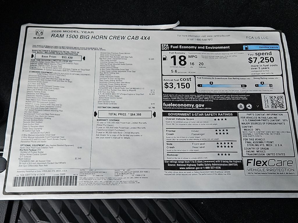2026 RAM Ram 1500 RAM 1500 BIG HORN CREW CAB 4X4 5'7' BOX