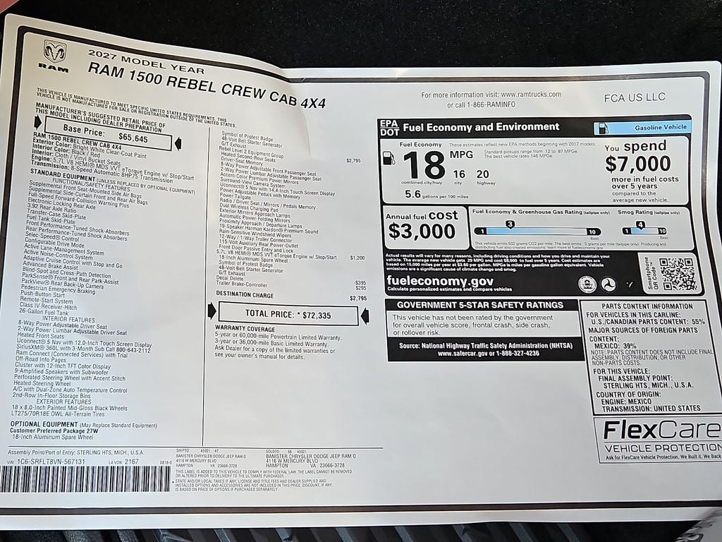 2027 RAM Ram 1500 RAM 1500 REBEL CREW CAB 4X4 5'7' BOX